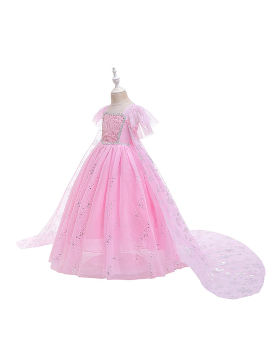 Mädchen rosa Pailletten Mesh Prinzessin Kleid, Mesh kurze Ärmel, mit Umhang, geeignet für Party, Tanz, Performance, Karnevals kleid.