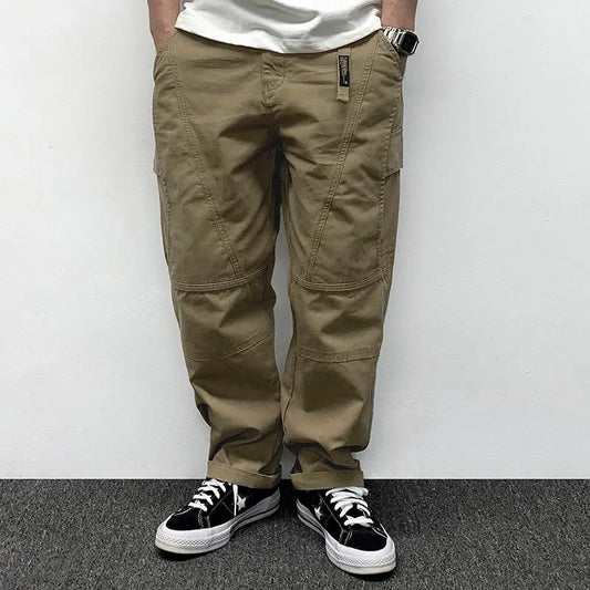 Autumn Men's Pants Multi-Pocket Cargo Pants Retro Solid Color Simple Loose Button Elastic Strap Casual Pants.