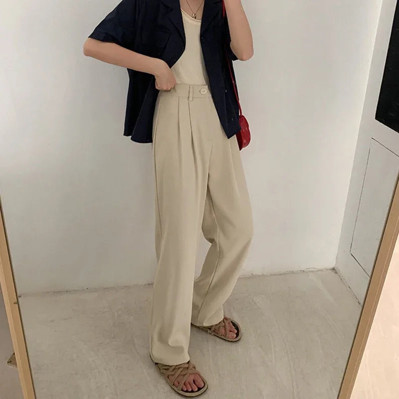 Hohe Taille Frauen Anzug Hosen fallen gerade Büro Damen koreanische Mode Hosen lässig Knopf lose weibliche schwarze Hosen neue 2024