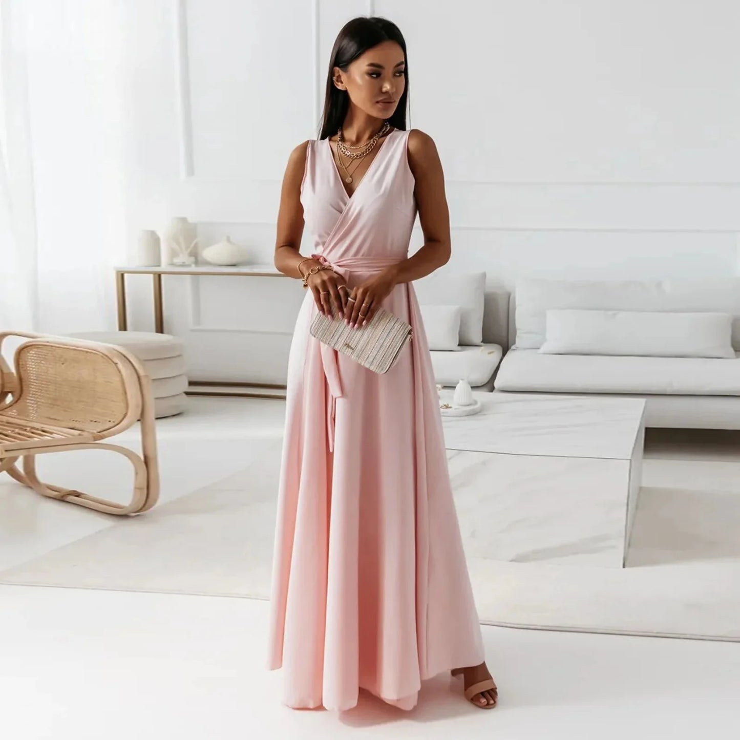Frühling Sommer Neue Stil frauen Lange V-ausschnitt Kleid Reine Farbe Maxi Kleid Ärmelloses Empire-Taille Kleid für Damen Modische