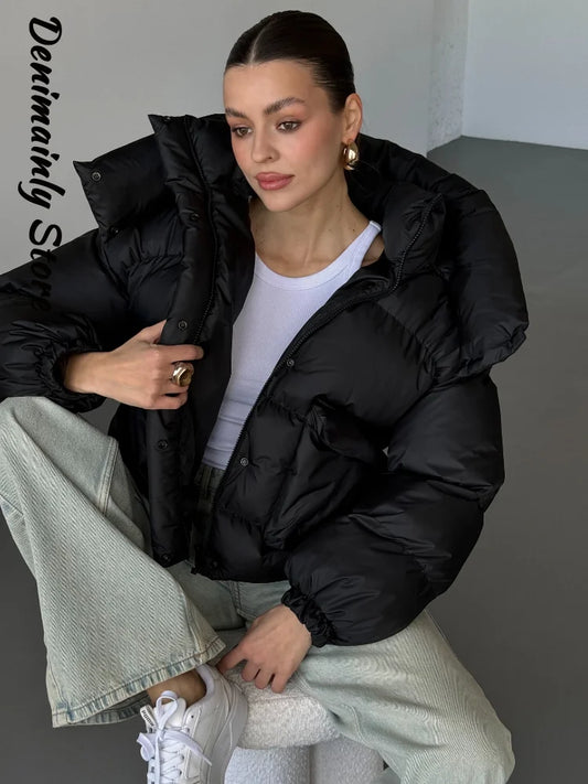 Casual Feste Kapuze Puffer Jacke Frauen Stehen Kragen Zipper Kurze Puffy Mantel 2025, Winter Dame Straße Warme Outer Neue