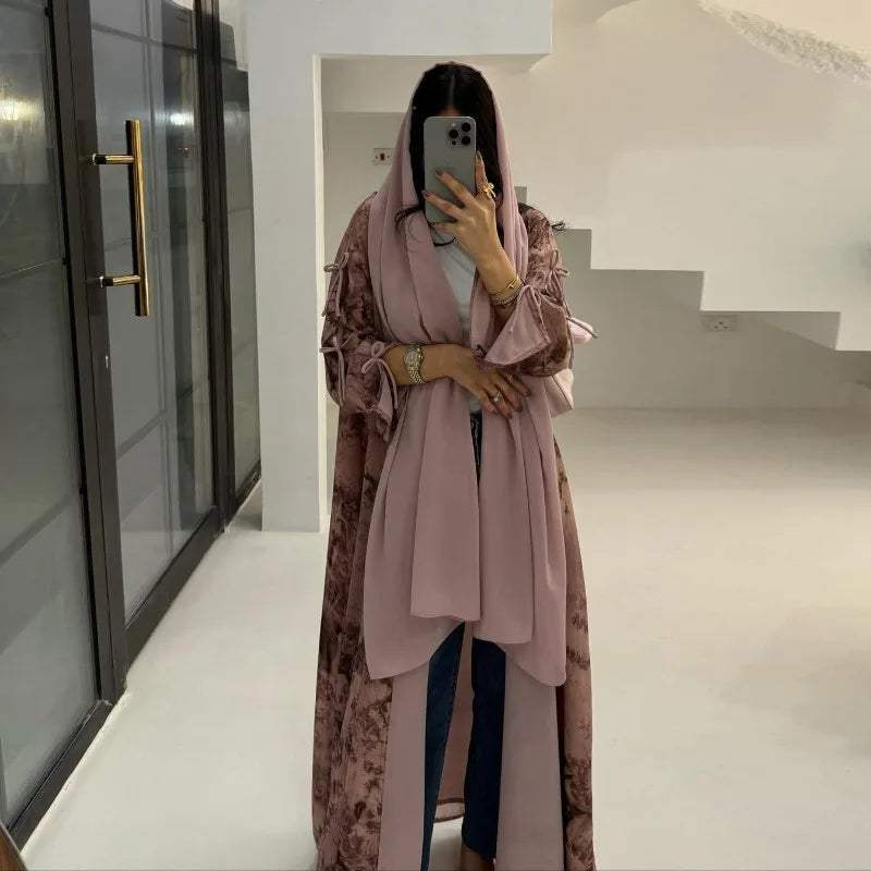 2025 sommer Arabisch Frauen Muslimische Kleidung Ramadan Dubai Offene Abaya Kleid mit Hijab Islam Gedruckt Chiffon 2 Stück Outfit