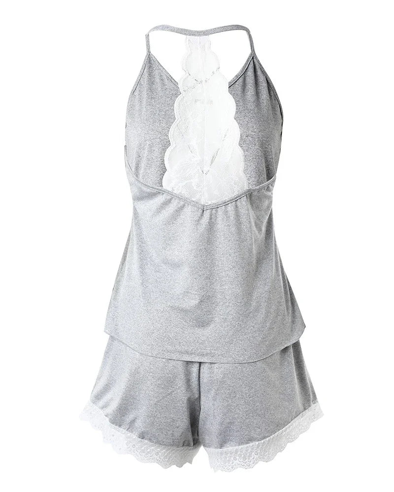 Damen-Pyjama mit Häkelspitze, 2-teilig, ärmellos, V-Ausschnitt, lässiger Nachtwäsche-Anzug, sexy, solide Heimkleidung, Sommerkleidung