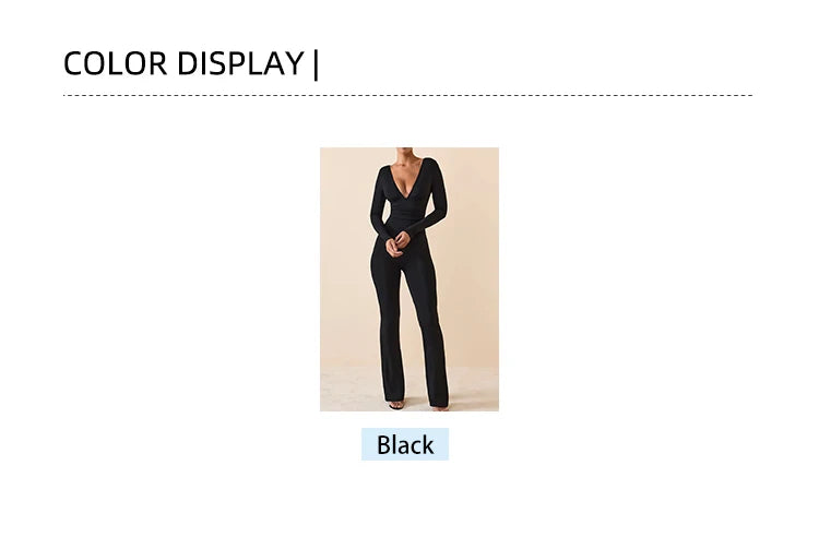 Schwarz Plissee Big Flare Overall Langarm V-ausschnitt Dünne Overall Hosen Frauen Sexy Schlanke Rückenfreie Langarm Hosen