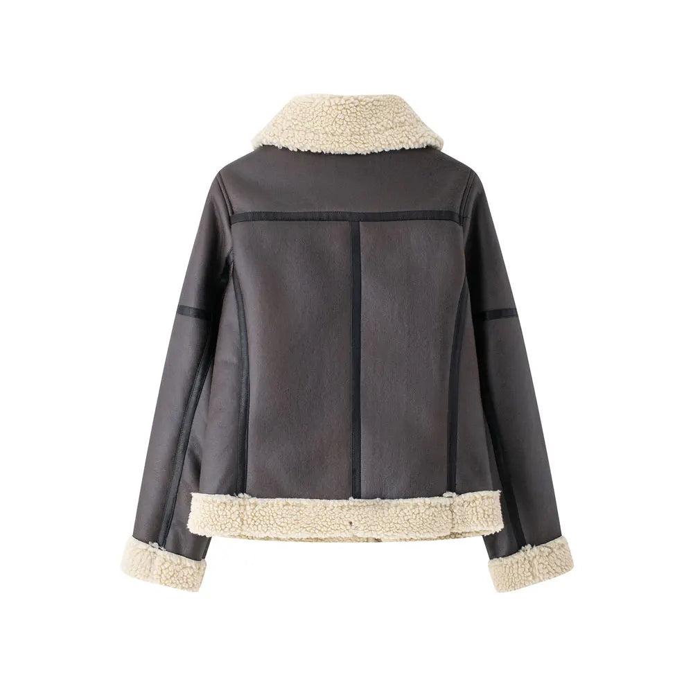 TRZA-Damen-Jacke aus dickem, warmem Wildleder mit Gürtel, langärmlige Mäntel, Kunstscheren, weibliche Oberbekleidung, schicke Oberteile, Wintermode