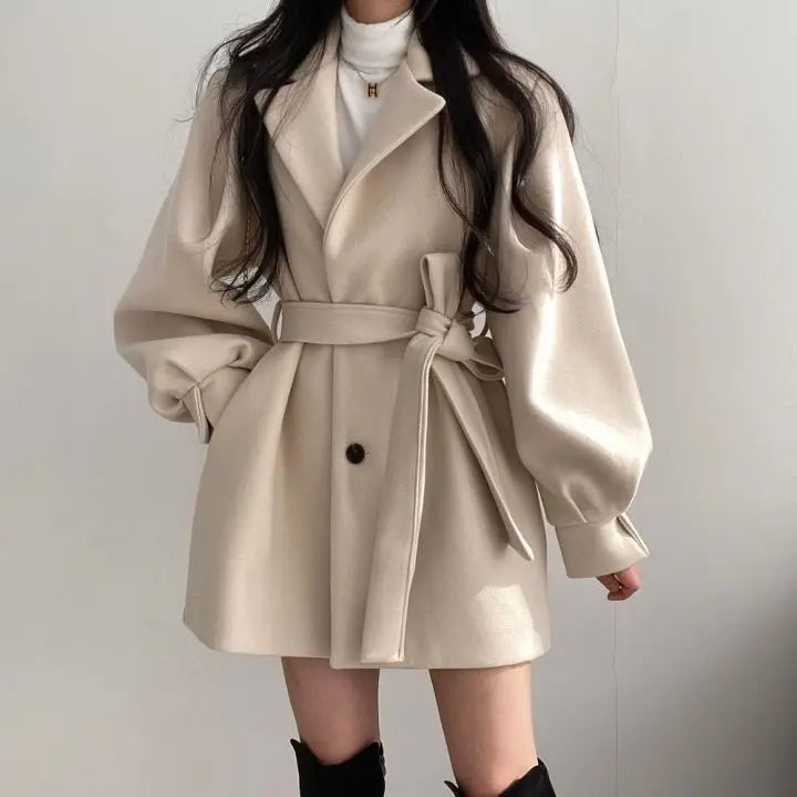 Frauen Solide Wolle Mischung Mantel Slim Fit Gürtel Mäntel Weibliche Warme Baumwolle Dicker V-ausschnitt Büro Dame Elegante Trendy Taste Outwear ins