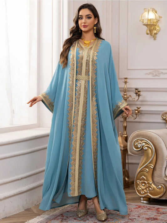 Eid Frauen Abaya Kleid Muslim 2-teiliges Set Strickjacke mit Innenkleid Schnürmantel Kaftan Robe Jalabiya Ramadan Marokko Kaftan 2025.