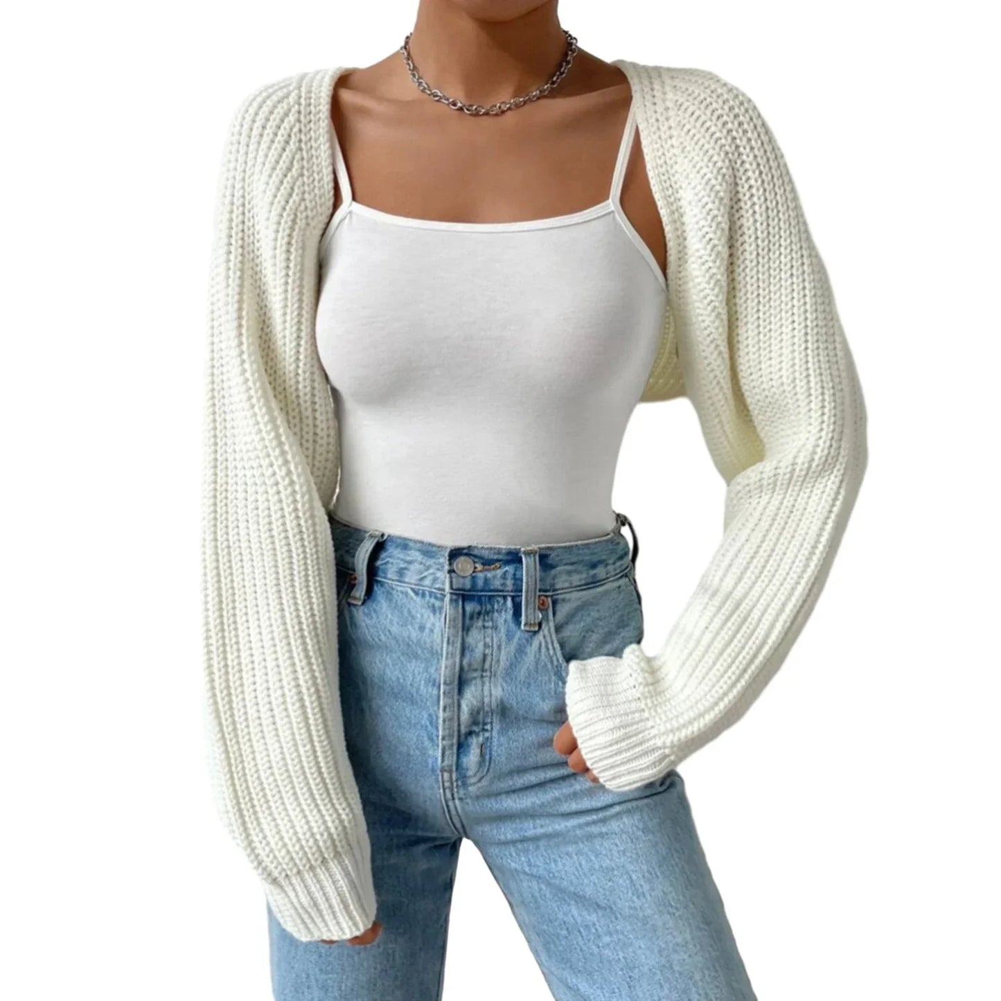 Women's Fashion Open Front Crochet Cardigan Casual Long Sleeve Solid Color Sweater Ribbed Knit Shrug Sweater Bolero Tops.