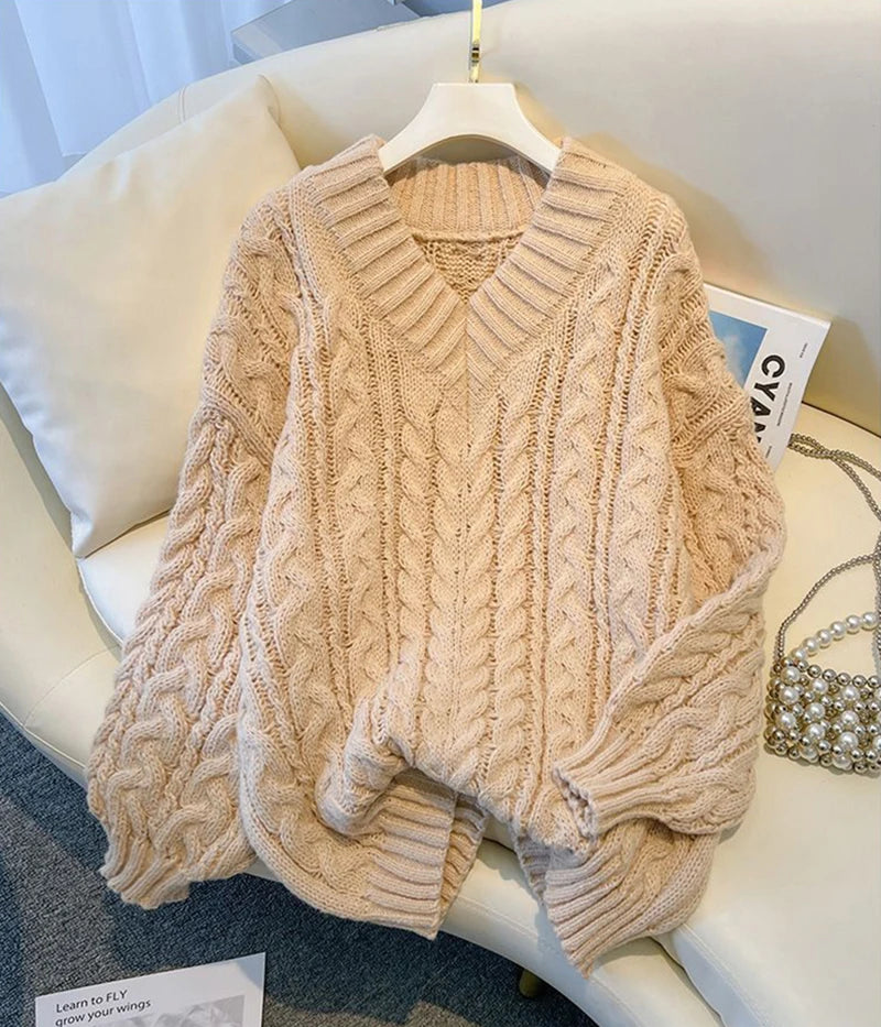 MEXZT Harajuku Pullover Frauen Mode Übergroßen Rosa V-ausschnitt Gestrickte Pullover Koreanische Langarm Strickwaren Winter Casual Jumper