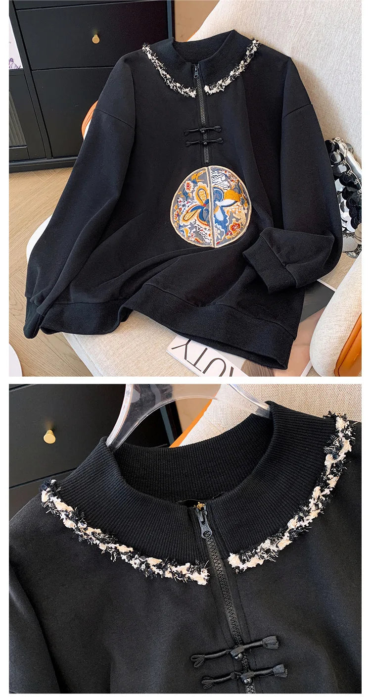 150kg Plus Size Damen büste Frühling Herbst lose neue chinesische Stil Sweatshirt lang ärmel ige geknöpfte Top 5xl 6xl 7xl 8xl 9xl