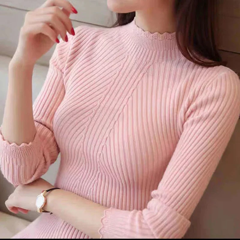 Frauen Mock Neck Rüschen Pullover Langarm Gestrickte Bodenbildung Solide Pullover Frauen Casual Streifen Pullover Herbst Winter 2023