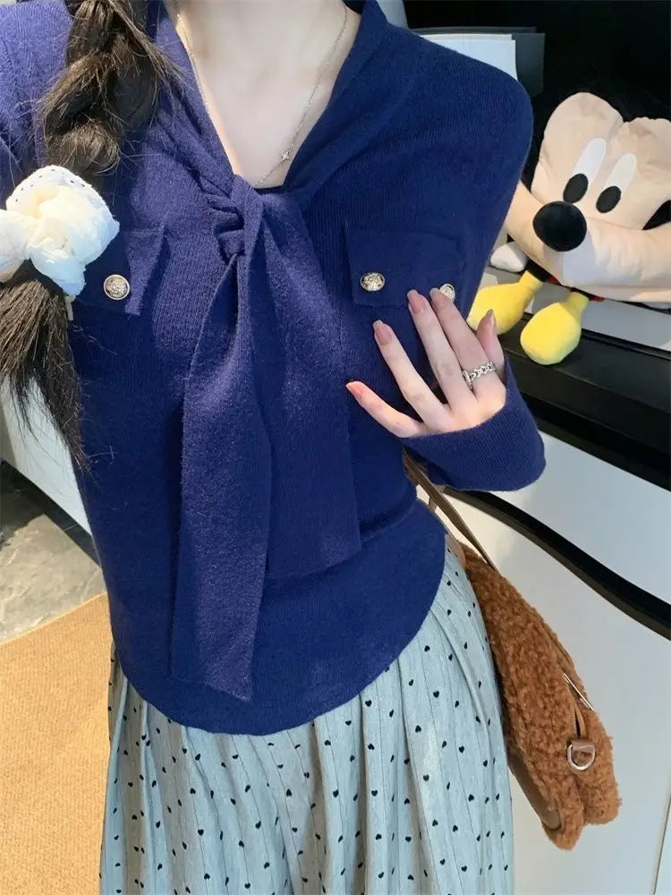Frauen Frühling Herbst Einfachheit Büro Dame V-ausschnitt Einfarbig Langarm Strickwaren Damen Mode Alle-spiel Temperament Tops