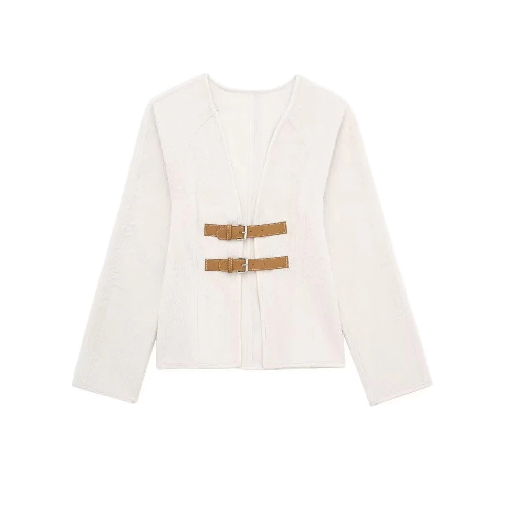 Women Fashion With Belt Woolen Jacket Coat V Neck Long Sleeve Female Outerwear Chic Tops.