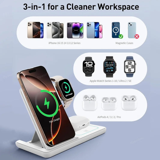 100W 3 in 1 Night Light Wireless Charger Stand For iPhone 16 15 14 Apple Watch 2-8 SE Airpods Pro Fast Charging Foldable Holder.