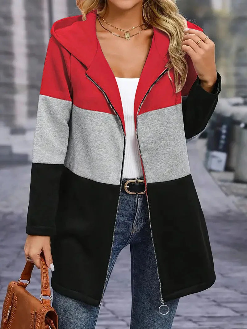 Frauen Casual Jacke Kosten Frühling Mode Lose Kontrast Farbe Drei Farbe Spleißen Kapuze Jacke Zipper Tops Frauen Kleidung