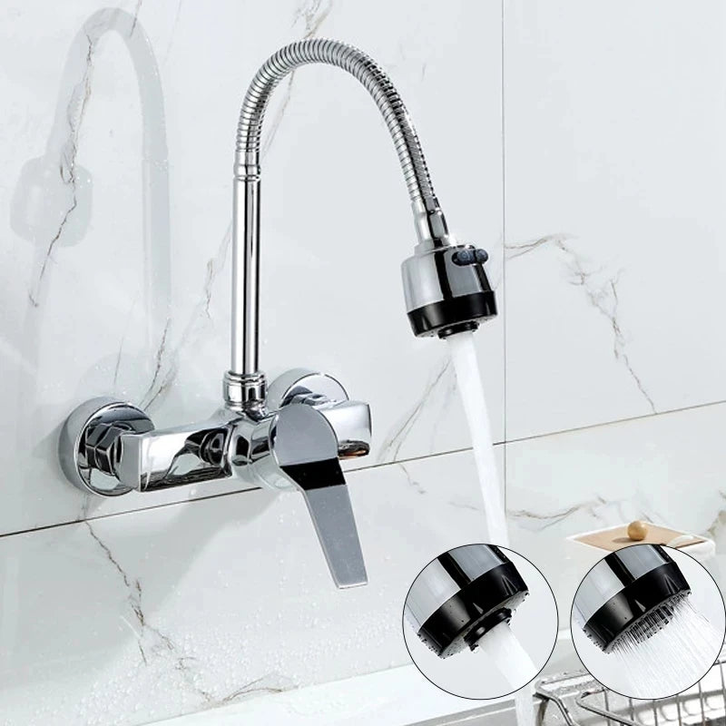 Chrome/black wall-mounted swivel, two-way spout, water stream sprayer, hot and cold water flexible hose kitchen mixer tap