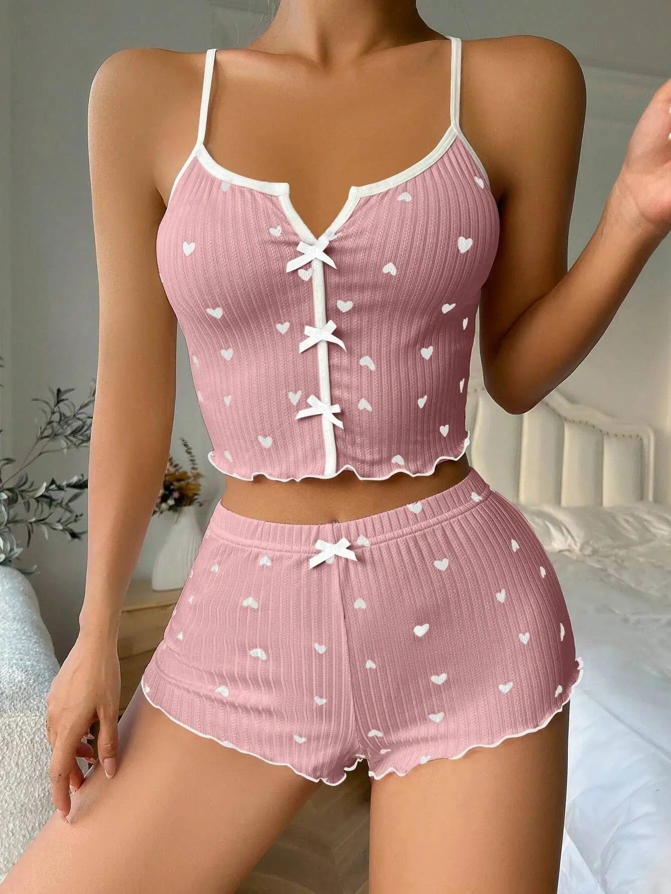 Sexy Nachtwäsche Frauen Pyjamas Set Herz Druck Seide Fleck V-ausschnitt Ärmellose Casual Cami Top und Shorts Sets Hause Anzug Loungewear