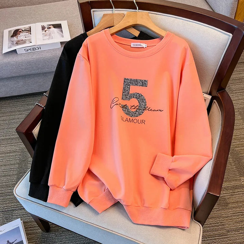 175kg plus size Damen büste Frühling Herbst loser Rundhals ausschnitt bedrucktes Langarm-Sweatshirt schwarz orange 5xl 6xl 7xl 8xl 9xl