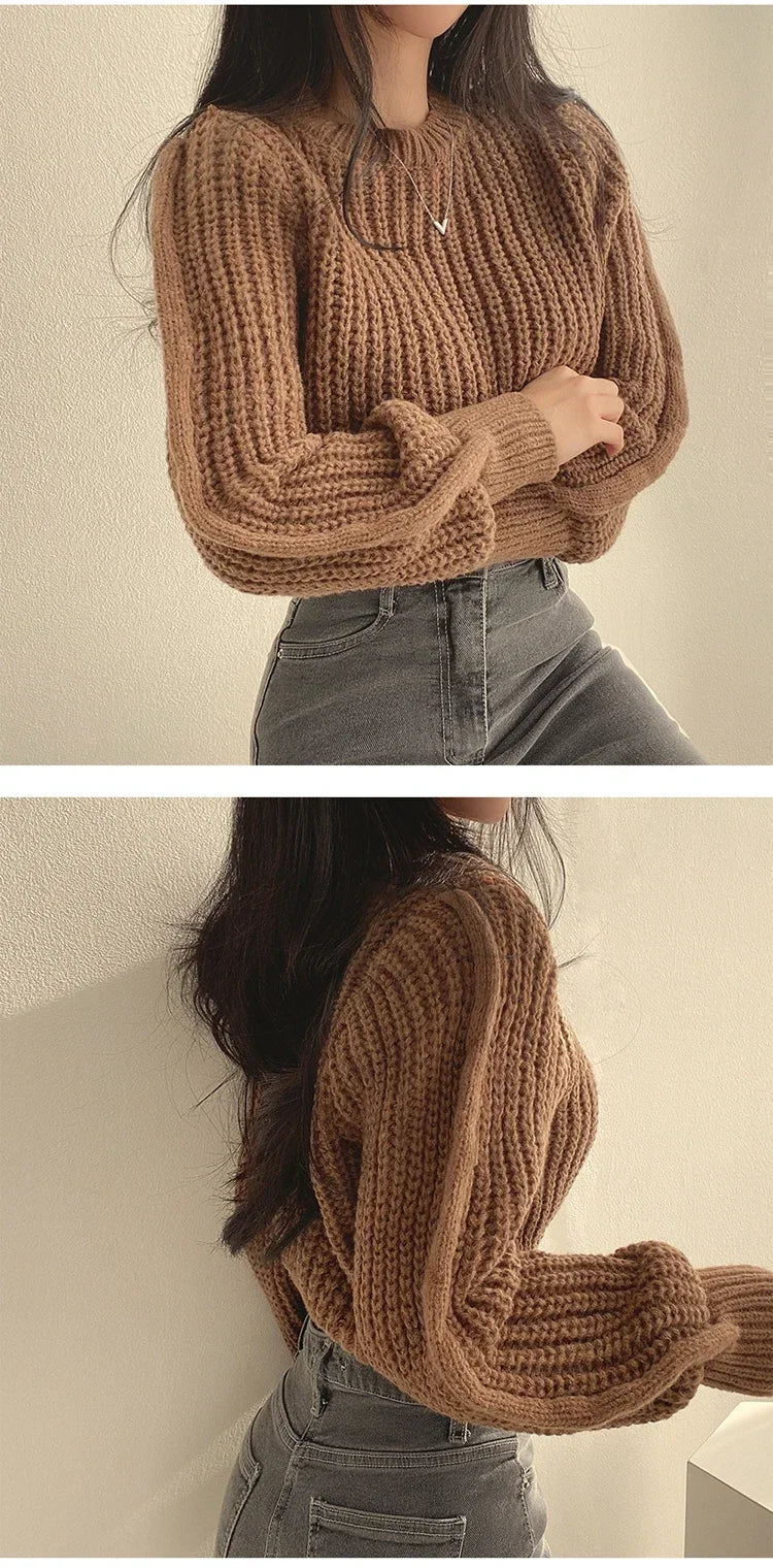 Lose Vintage Harajuku Laterne Langarm Frauen Pullover Koreanische Herbst Winter Strickwaren Weiche Warme Tops Chic Solide Femme Pullover