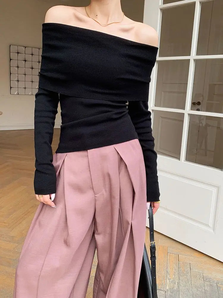Slash Neck Pullover Frauen Tops Gestrickte Dünne Grundlegende Alle-spiel Sexy Elegante Off Schulter Herbst Winter Langarm Pullover weibliche
