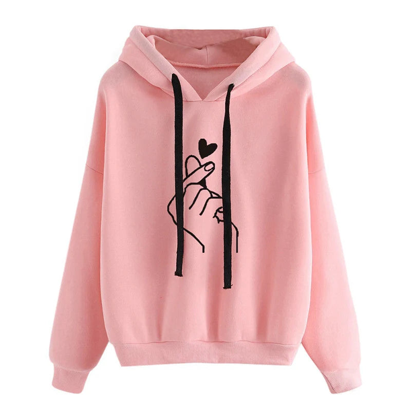 Herbst Fleece Hoodie Einfarbig Finger Herz Mit Kapuze Koreanische Mode Sweatshirts Langarm Top Kordelzug Taschen Lose Hoodies