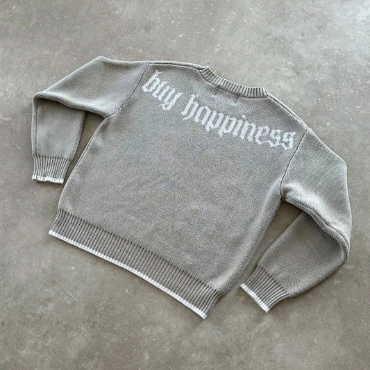 Y2K Grey Long Sleeve Sweater Dollar Gothic Embroidery Pullover Goth Retro Casual Streetwear Old Money Men Boxy Knitted Clothing.