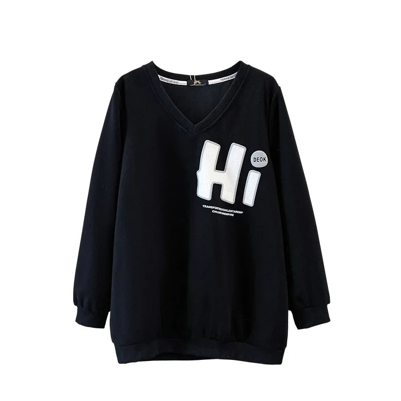 150kg plus size Damen büste Herbst Frühling loser V-Ausschnitt Brief druck Langarm Sweatshirt 6xl 7xl 8xl 9xl 10xl