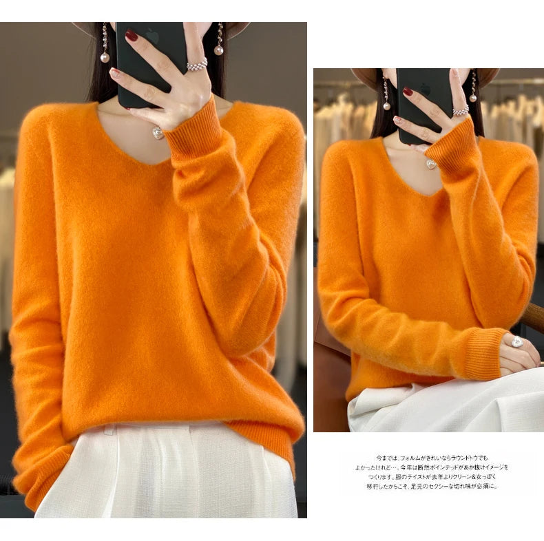 2024 100% Merino Reine Wolle V-ausschnitt Herbst Und Winter Pullover Pullover Neue Kaschmir Pullover frauen Beiläufige Gestrickte Top DMR201