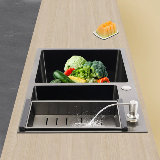 Rainaut Küchenspüle aus Edelstahl 304, Doppelschüssel-Einbaumkorb mit Abtropffläche + Seifenspender, rechteckige Spüle, 78 x 43 x 22 cm