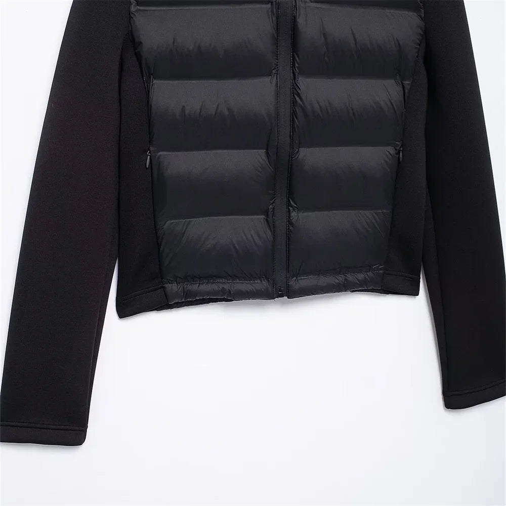 ZBZA Damenmode mit Kapuze, Neopren-Effekt, gespleißter, wattierter Jacke, hoher Kragen, lange Ärmel, verstellbare Kapuze, lässig, schmale Passform, warmer Mantel, Herbst/Winter, neue schicke Damen-Oberbekleidung