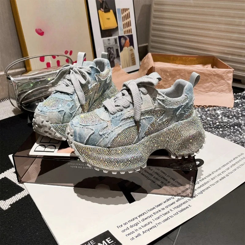 Washed Denim Rhinestone Platform Women's Shoes New Heightened Casual Sneakers 2025.
