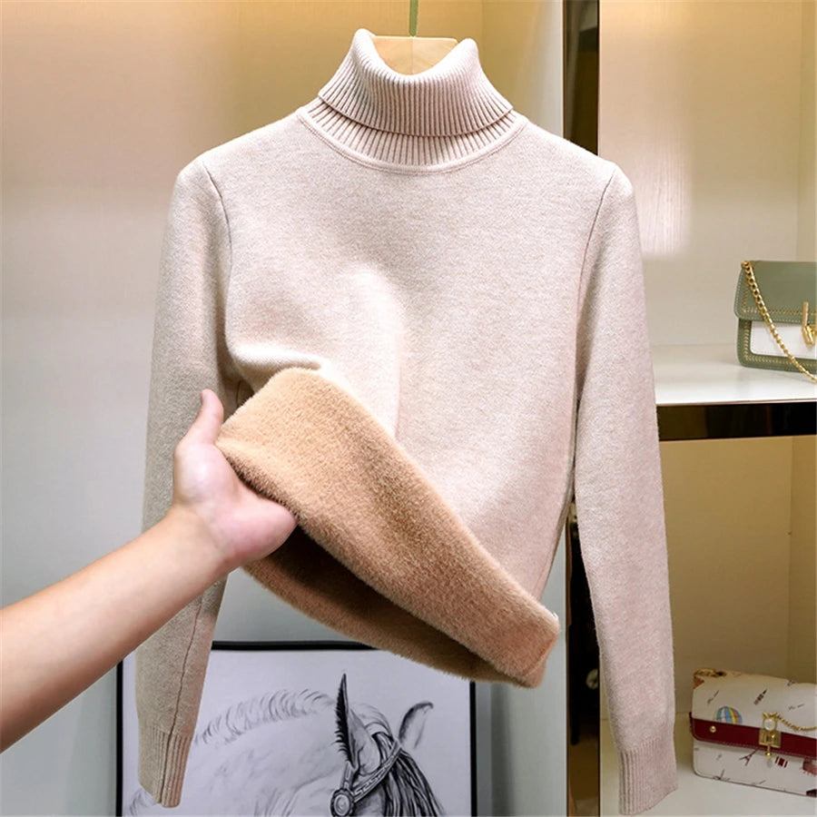Pullover Für Frauen Winter Verdicken Rollkragen Schlank Stricken Pullover Neue Warme Plüsch Samt Gefüttert Strickwaren Jumper Tops Casual Poleras