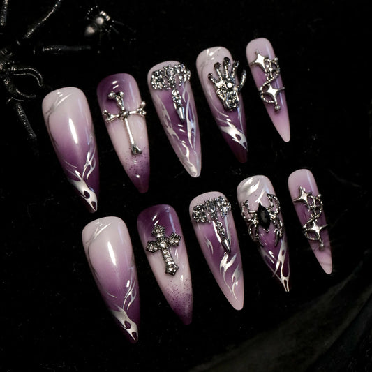 Halloween Cool Spice Style Spider Skull False Nails Purple Halo Dyeing Detachable Finished Fake Nails Press on Nail with Glue.