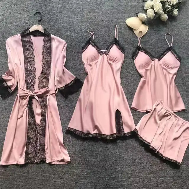 4PCS Nachtwäsche Pyjamas Set Seide Frauen Nachthemd Spitze Kleid Robe Schlaf Nachtwäsche Seide Einfarbig Pijama Sets