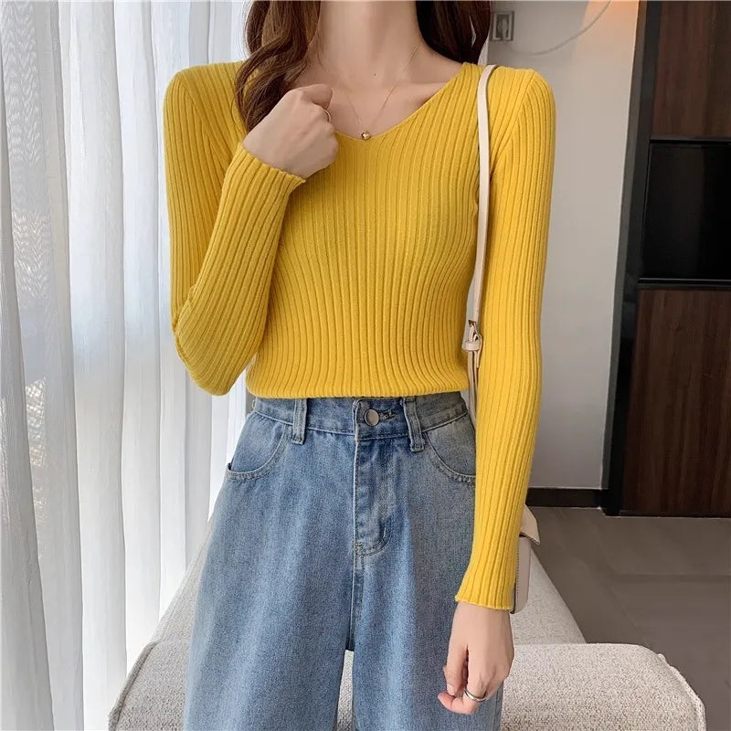 2025 einfarbig Schlank Pullover Koreanische Herbst Winter V-ausschnitt Pullover Mode Lässig Langarm Gestrickte Pullover Frauen Kleidung
