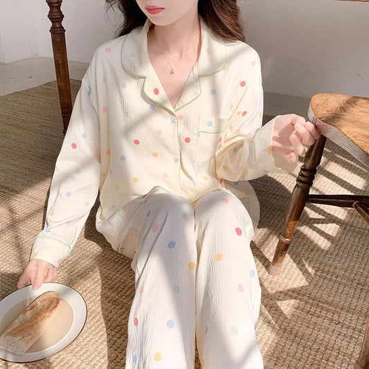 Koreanische Farbige Wavelet Dot Nachtwäsche frauen Herbst Lange Ärmeln Set Kleine Frische Hause Kleidung Lose Internationale Student Pyjama.