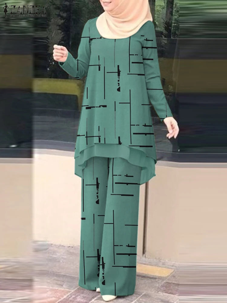 ZANZEA Muslim Women Pant Sets Islamic All-over Printed Long Top and Wide Leg Pant 2pcs Outfits Vintage Elegant 2-Pieces Suits.