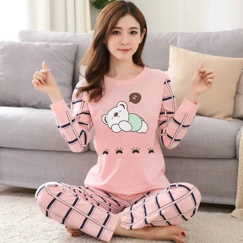 Herbst 2 stück Pyjamas Set Frauen Dünne Sexy Nachtwäsche Schöne Hause Anzug 2025 Rundhals Mädchen Teetasse Nachtwäsche Langarm pyjamas