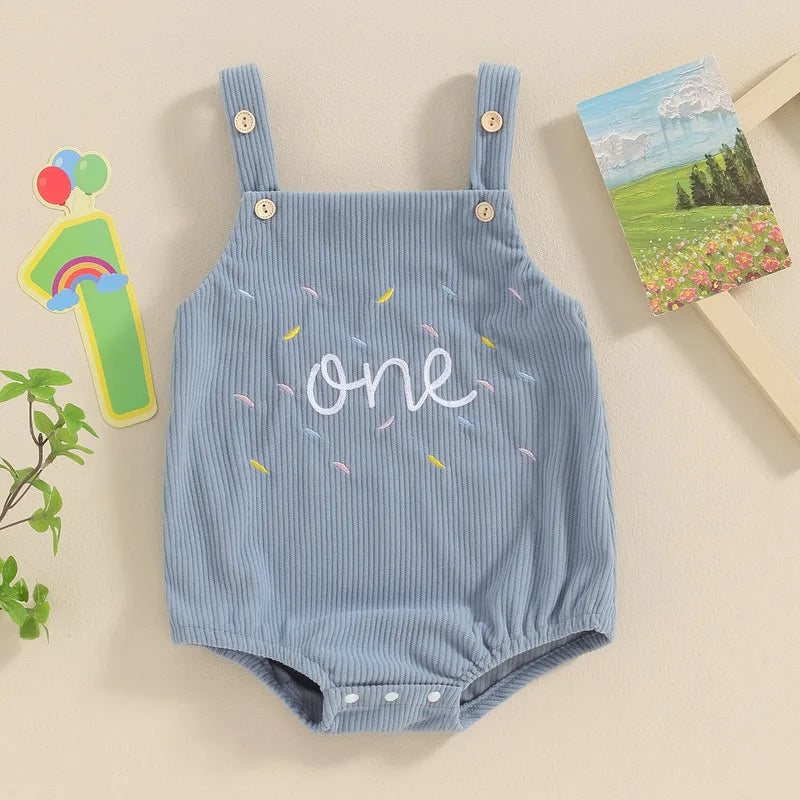 Baby ersten Geburtstag Stram pler, ärmellose Knopf verschluss Buchstaben Bodysuit lässige Overalls für Mädchen Jungen