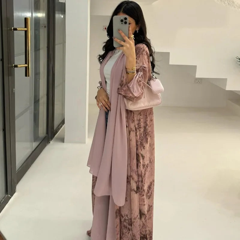 2025 sommer Arabisch Frauen Muslimische Kleidung Ramadan Dubai Offene Abaya Kleid mit Hijab Islam Gedruckt Chiffon 2 Stück Outfit