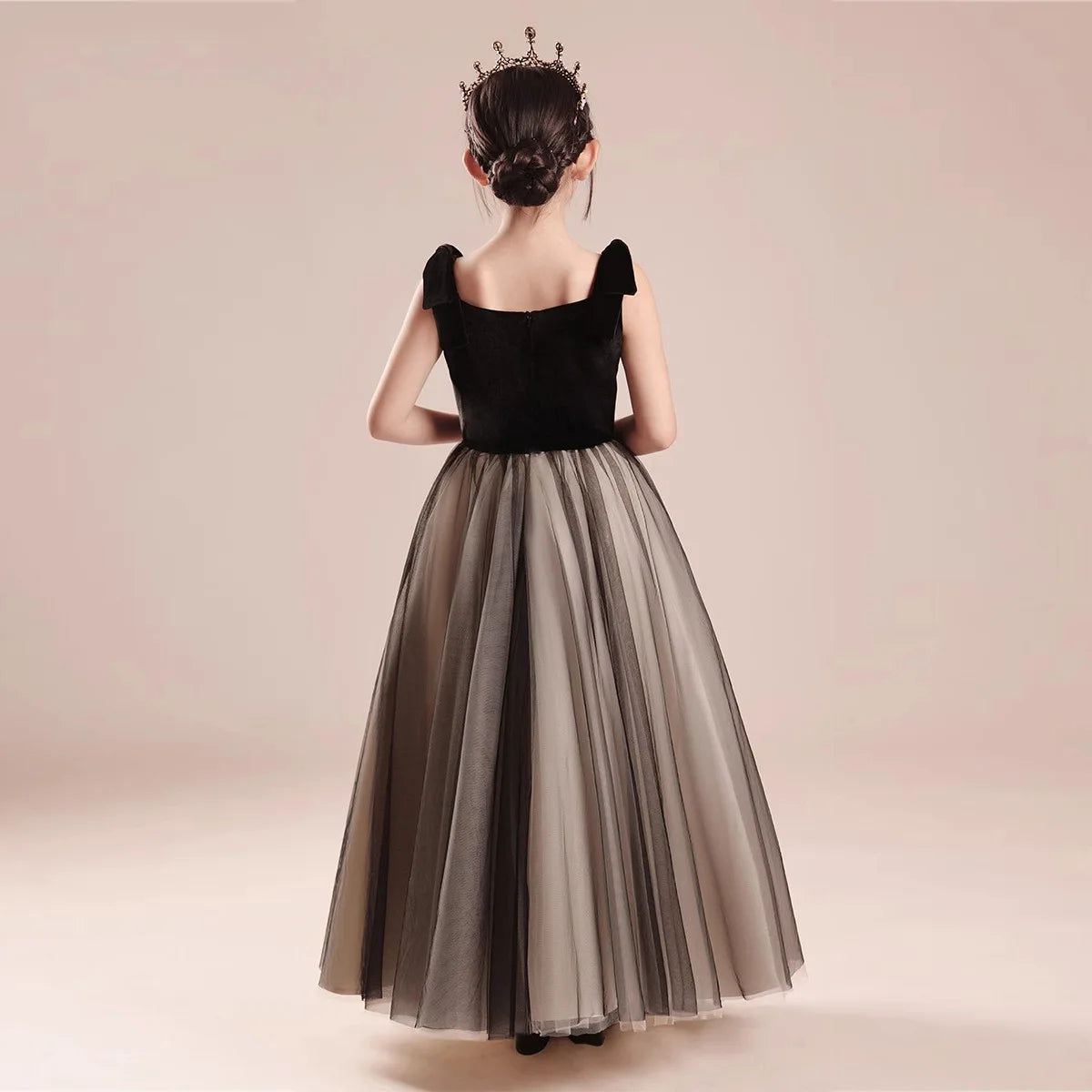 Kinderkleid Mädchen Mode Klavier Violine Performance Kleid Schwarz Samt Mesh Host Chor