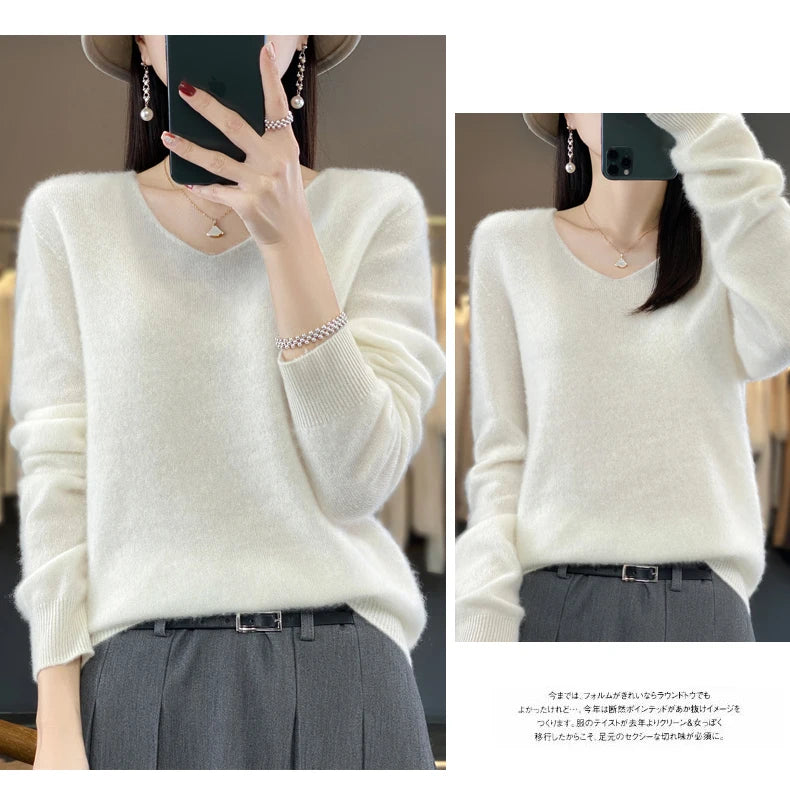 2024 100% Merino Reine Wolle V-ausschnitt Herbst Und Winter Pullover Pullover Neue Kaschmir Pullover frauen Beiläufige Gestrickte Top DMR201