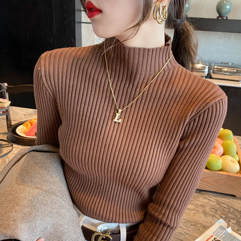 Winter Langarm Mock Neck Gestrickte Frauen Pullover Pullover Schlank Stricken Pullover Frauen Tops Blusas Mujer De Moda 2024 Blusa J995
