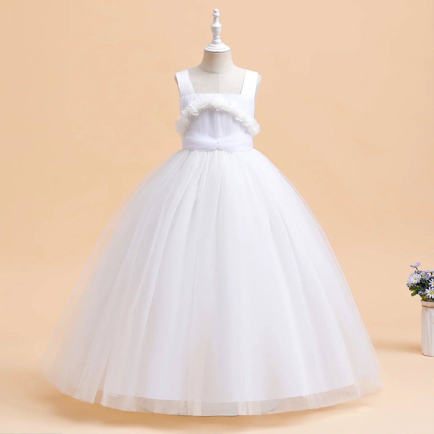 Mädchen Partykleider Weiß Langes Hochzeit Brautjungfer Prinzessin Kleid Abend Tüllkleid Abschlussball Klavier Performance Kleid