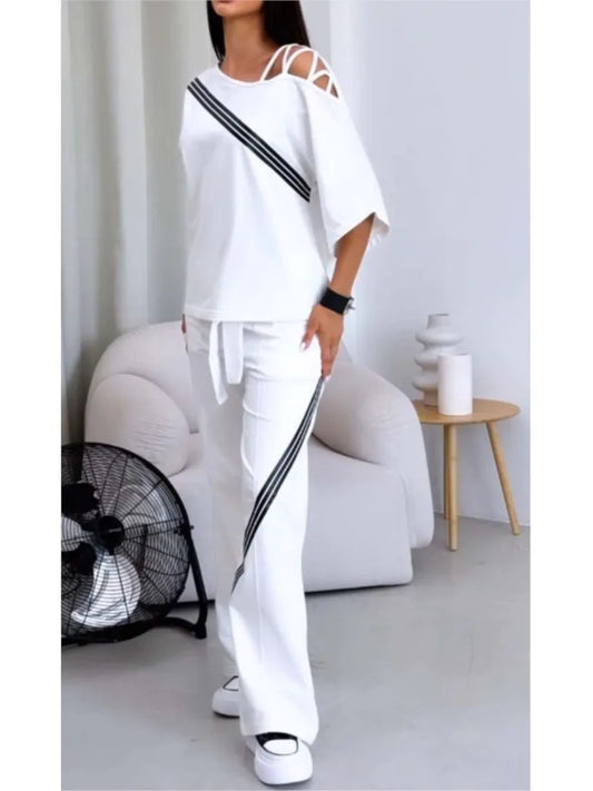 Spring Summer Women Fashion Two Pieces Sets 2025 New Off-the-shoulder Loose Short Sleeve Top And Pants Suits Outfits Clothing.