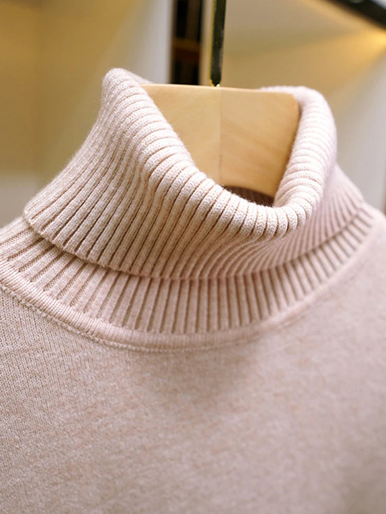 Pullover Für Frauen Winter Verdicken Rollkragen Schlank Stricken Pullover Neue Warme Plüsch Samt Gefüttert Strickwaren Jumper Tops Casual Poleras