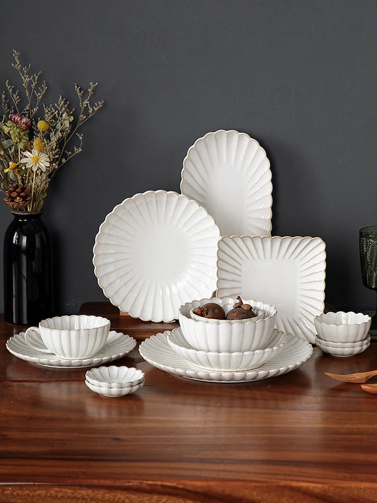 Nordic Household White Bowls Dinner Plates Ceramic White Glaze Tableware Set Western Steak Dish Salad Bowl Vegetable Fish Plate.