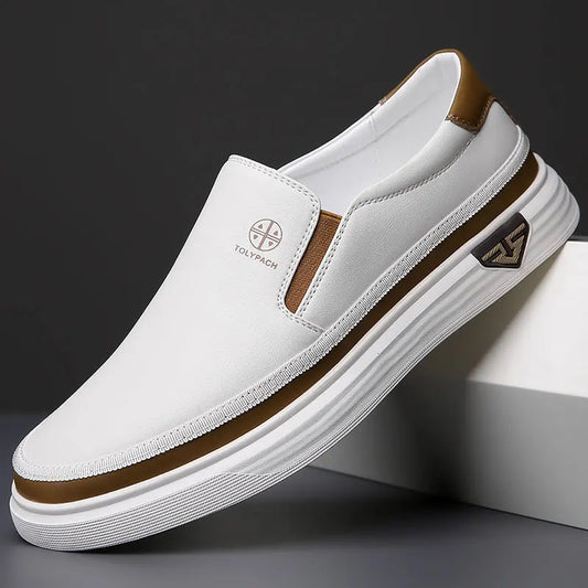 New 2025 Men's Genuine Leather Casual Sneakers Spring Summer Fashion Slip-On White Shoes Soft Sole Comfortable for Everyday Wear.