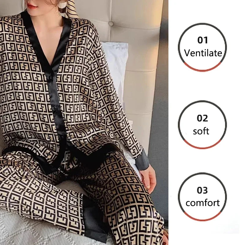 2PcsLarge Größe Frauen Pyjamas Set Gedruckt Homewear Eis Seide Lange Ärmeln Lange Hosen Student Pyjamas Schwarz Strickjacke kann Getragen Werden