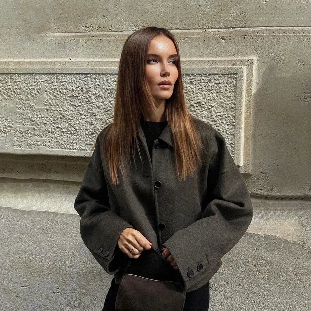 Woolen frauen Jacke Elegante Lose Langarm Turndown Einreiher Weiblichen Mantel 2024 Winter Mode Casual Dame Mantel